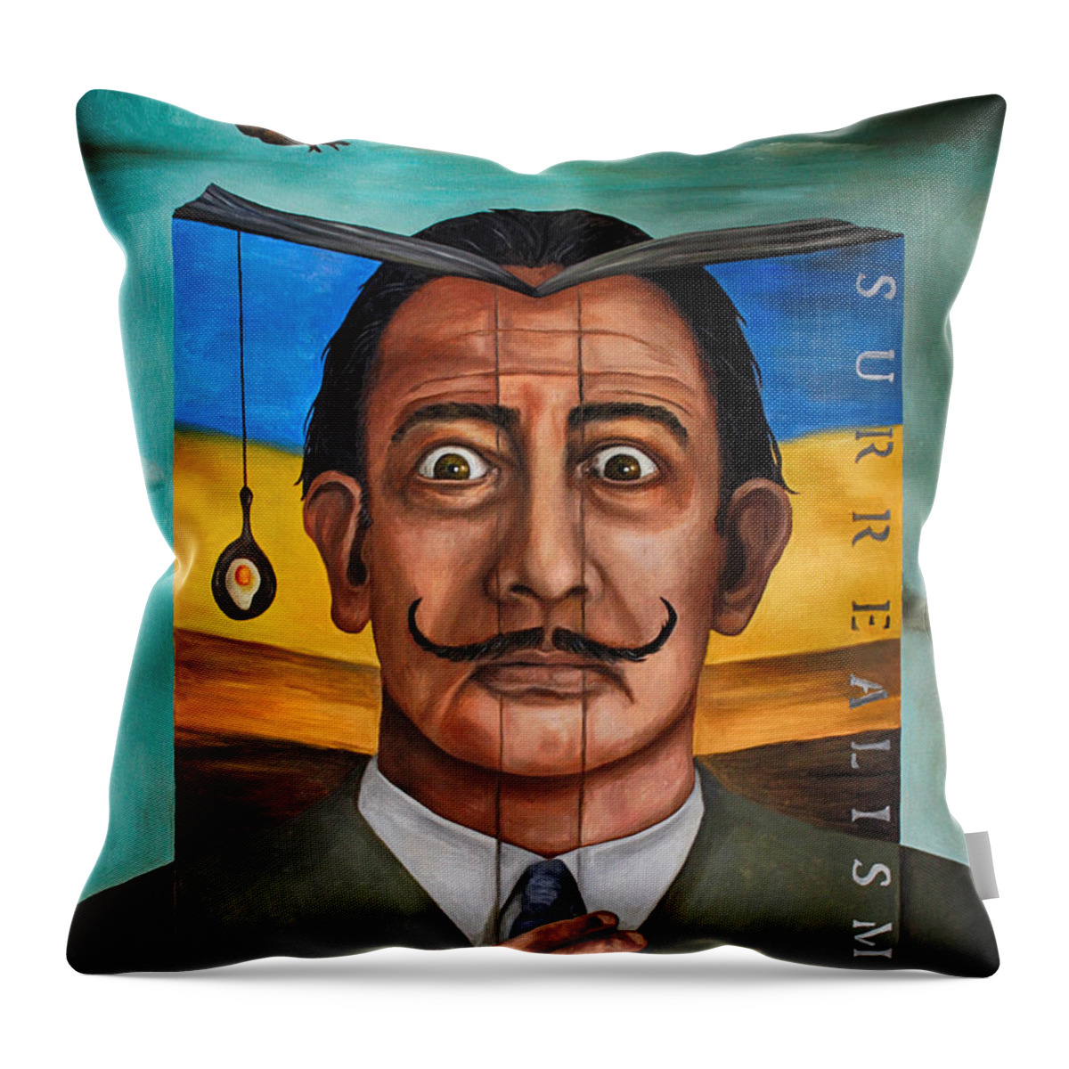 Dali Throw Pillow featuring the painting The Book Of Surrealism edit 2 by Leah Saulnier The Painting Maniac