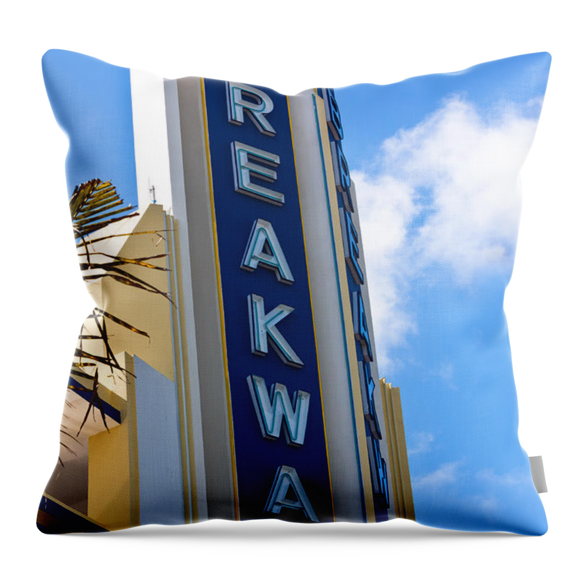 Breakwater Hotel Throw Pillow featuring the photograph The Breakwater Neon Sign by Ed Gleichman