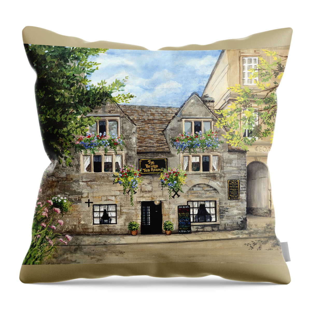 The Bridge Tea Rooms Throw Pillow featuring the painting The Bridge Tea Rooms by Mary Palmer