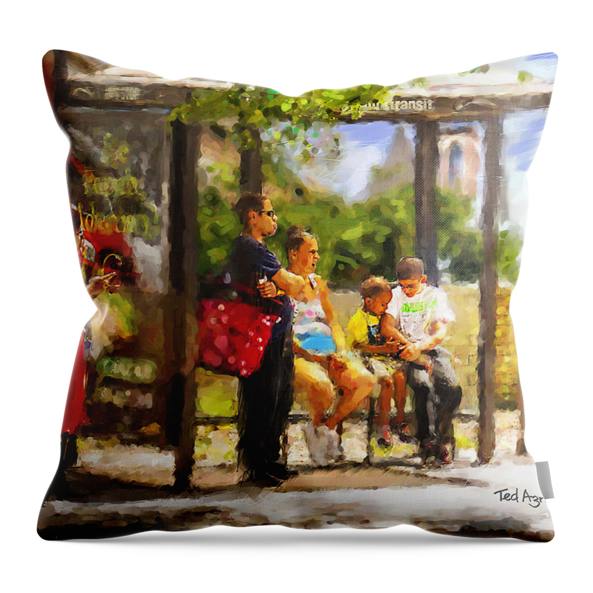 Art Painting Throw Pillow featuring the painting The Bus Stop by Ted Azriel