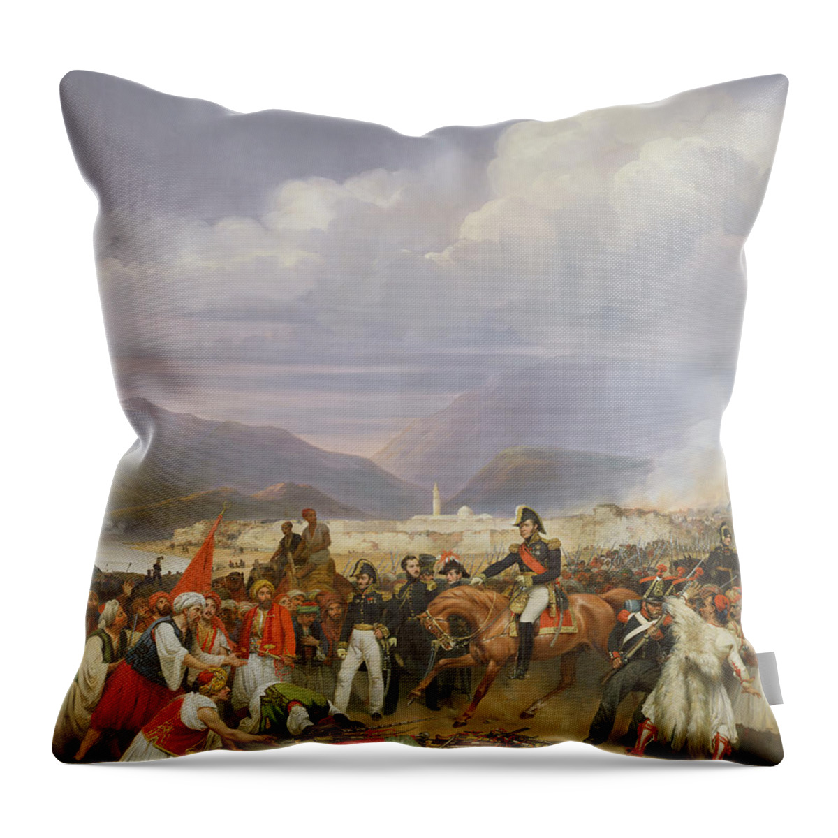 Castel Di Throw Pillow featuring the photograph The Capture Of Morea Castle, 30th October 1828, 1836 Oil On Canvas by Jean Charles Langlois