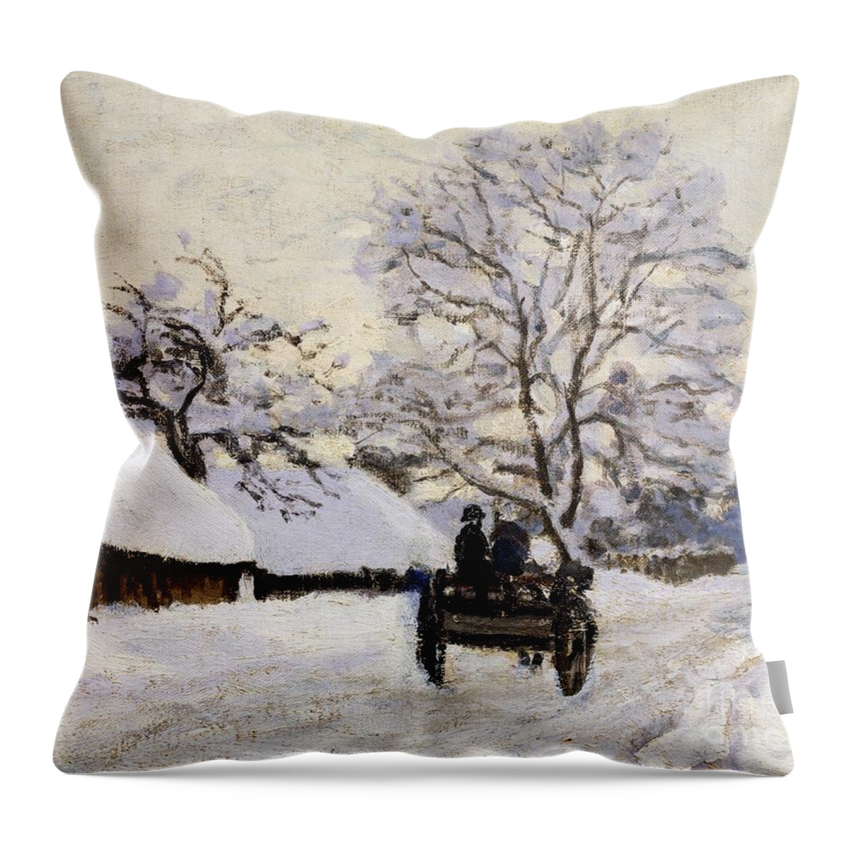 Claude Monet Throw Pillow featuring the painting Cart, road under snow in Honfleur by Claude Monet