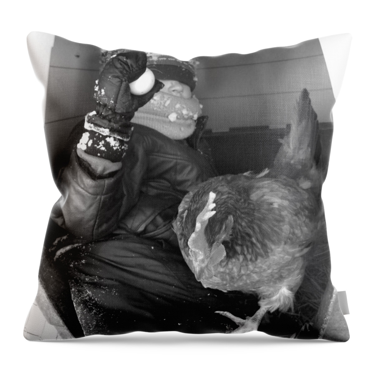 Chicken Throw Pillow featuring the photograph The Chicken And the Egg in Black and White by Sheri Lauren