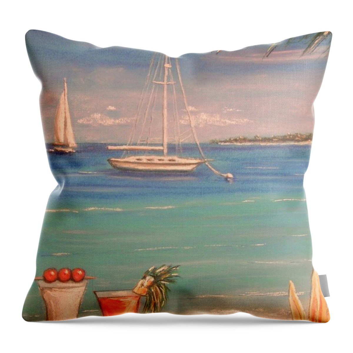 Tropical Throw Pillow featuring the painting The Cocktail Hour by The Beach Dreamer