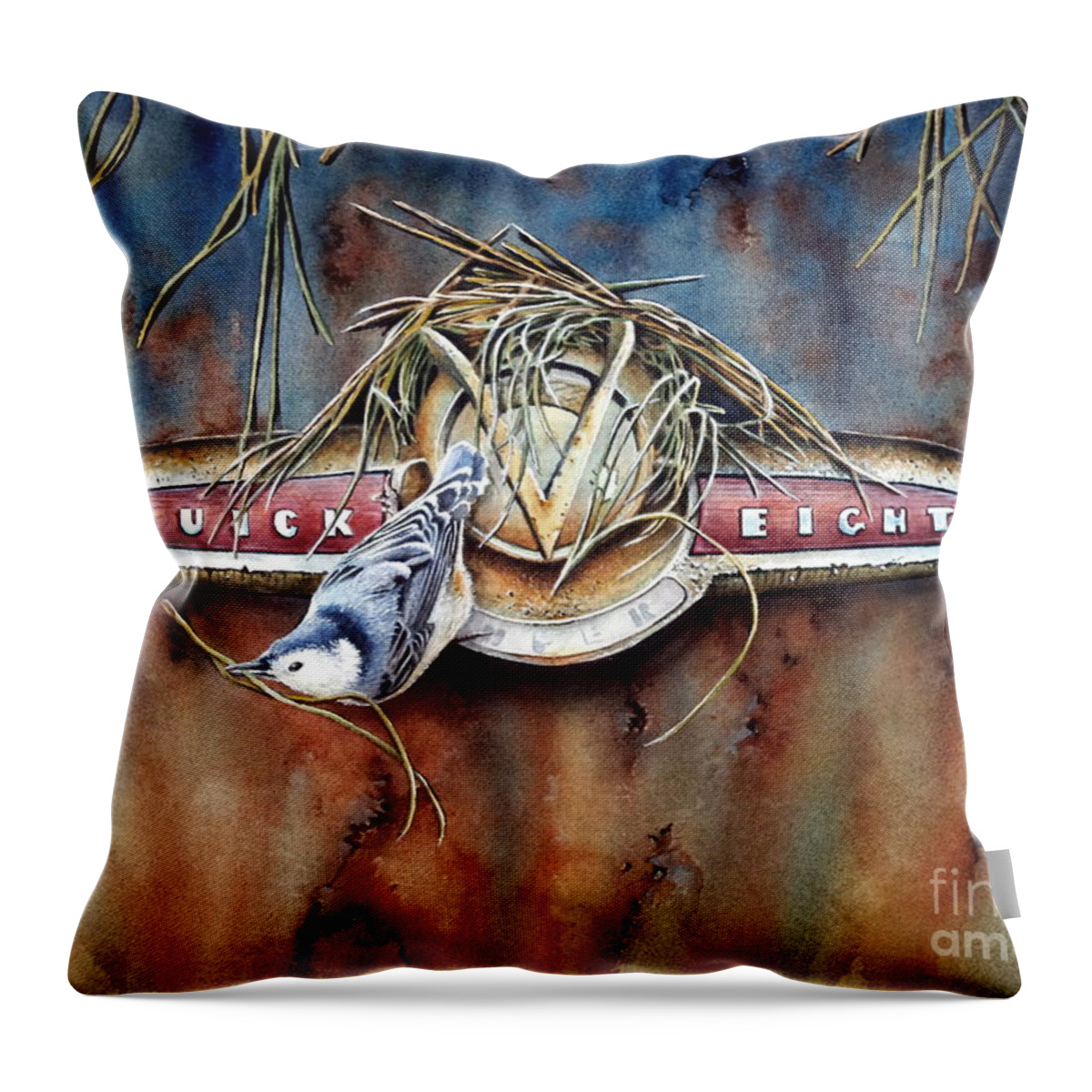 Nuthatch Throw Pillow featuring the painting The Collector by Greg and Linda Halom