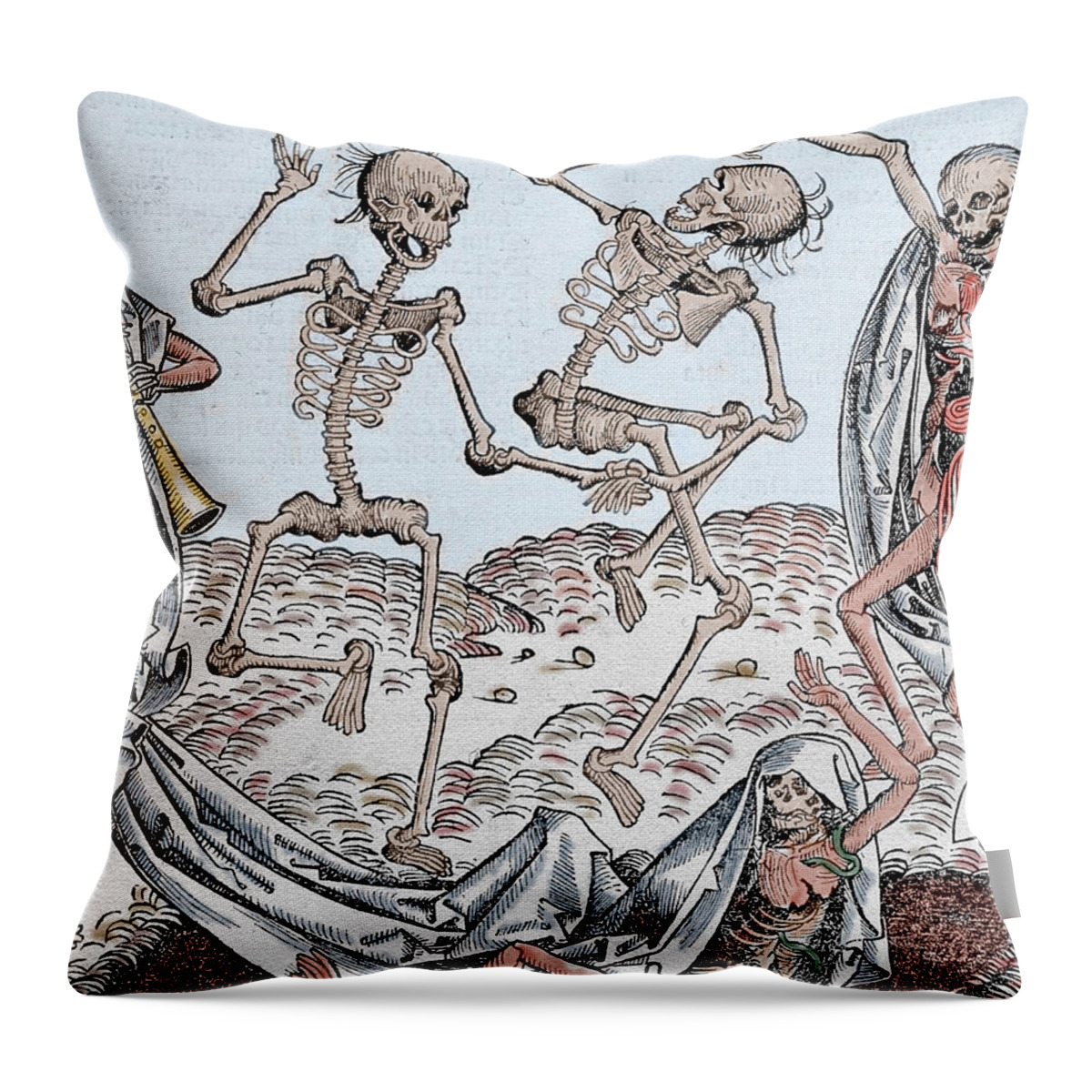 The Dance Of Death Throw Pillow featuring the drawing The Dance of Death by Michael Wolgemut