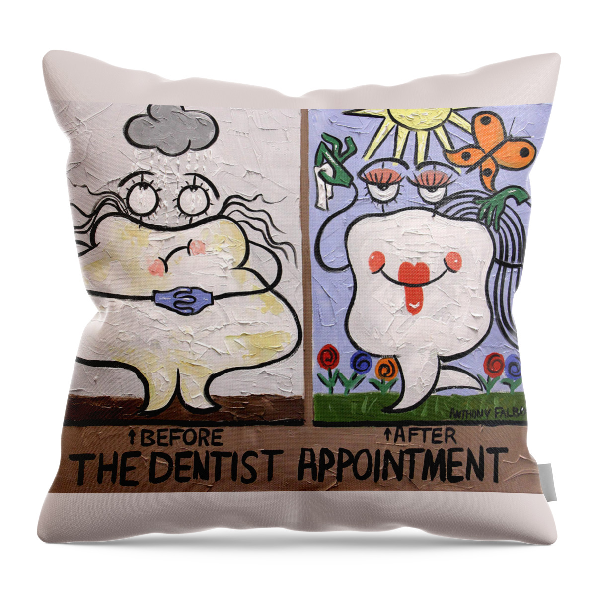 The Dentist Appointment Throw Pillow featuring the painting The Dentist Appointment Dental Art By Anthony Falbo by Anthony Falbo