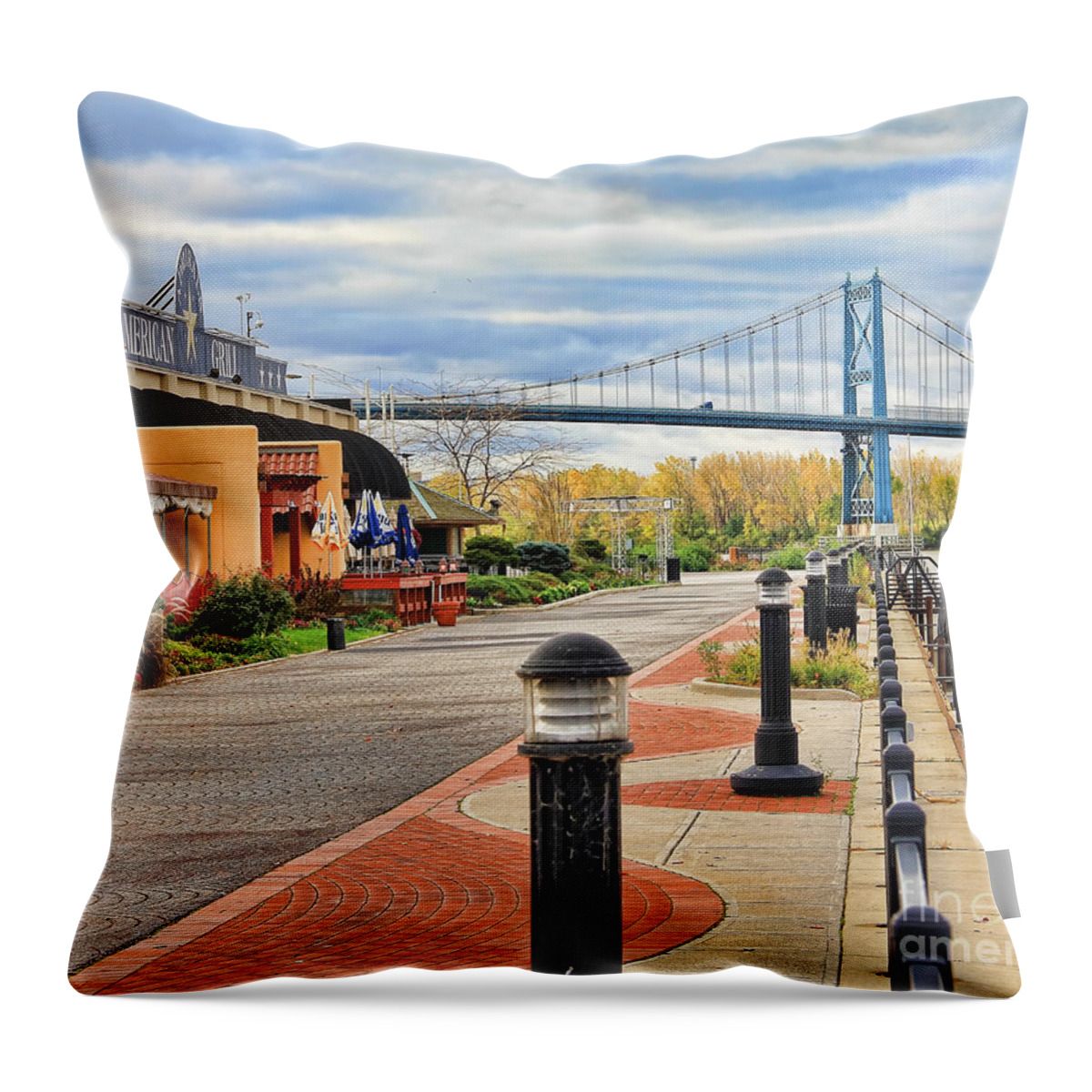 The Docks Throw Pillow featuring the photograph The Docks and the Anthony Wayne Bridge by Jack Schultz