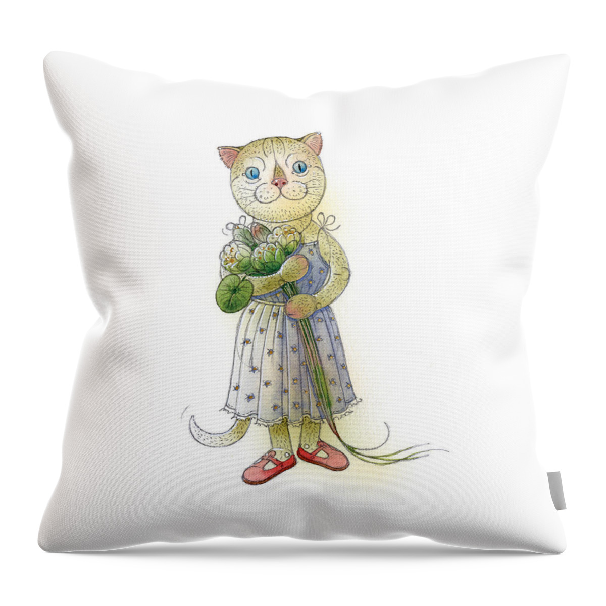 Cat Flowers Blue Greeting Card Throw Pillow featuring the painting The Dream Cat 01 by Kestutis Kasparavicius