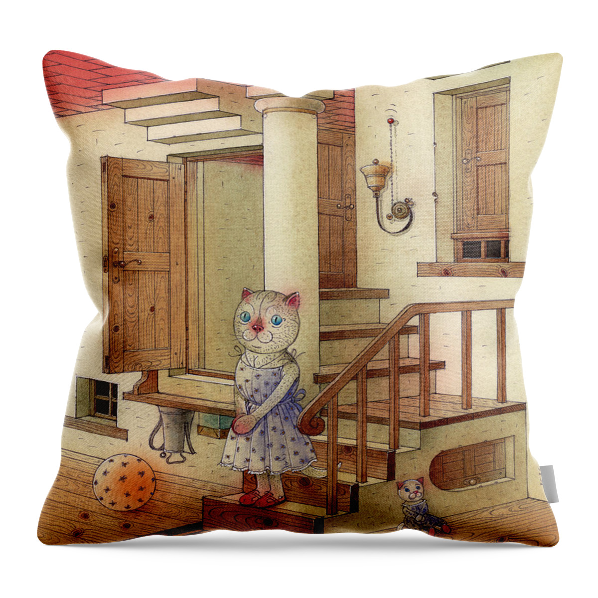 Cat Dream Room Red Blue Escher Throw Pillow featuring the painting The Dream Cat 06 by Kestutis Kasparavicius