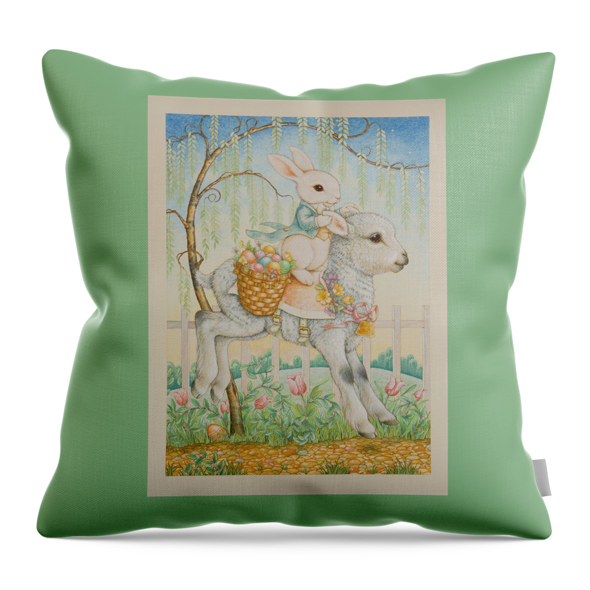 Easter Card Throw Pillow featuring the painting The Easter Bunny is Coming to Town by Lynn Bywaters