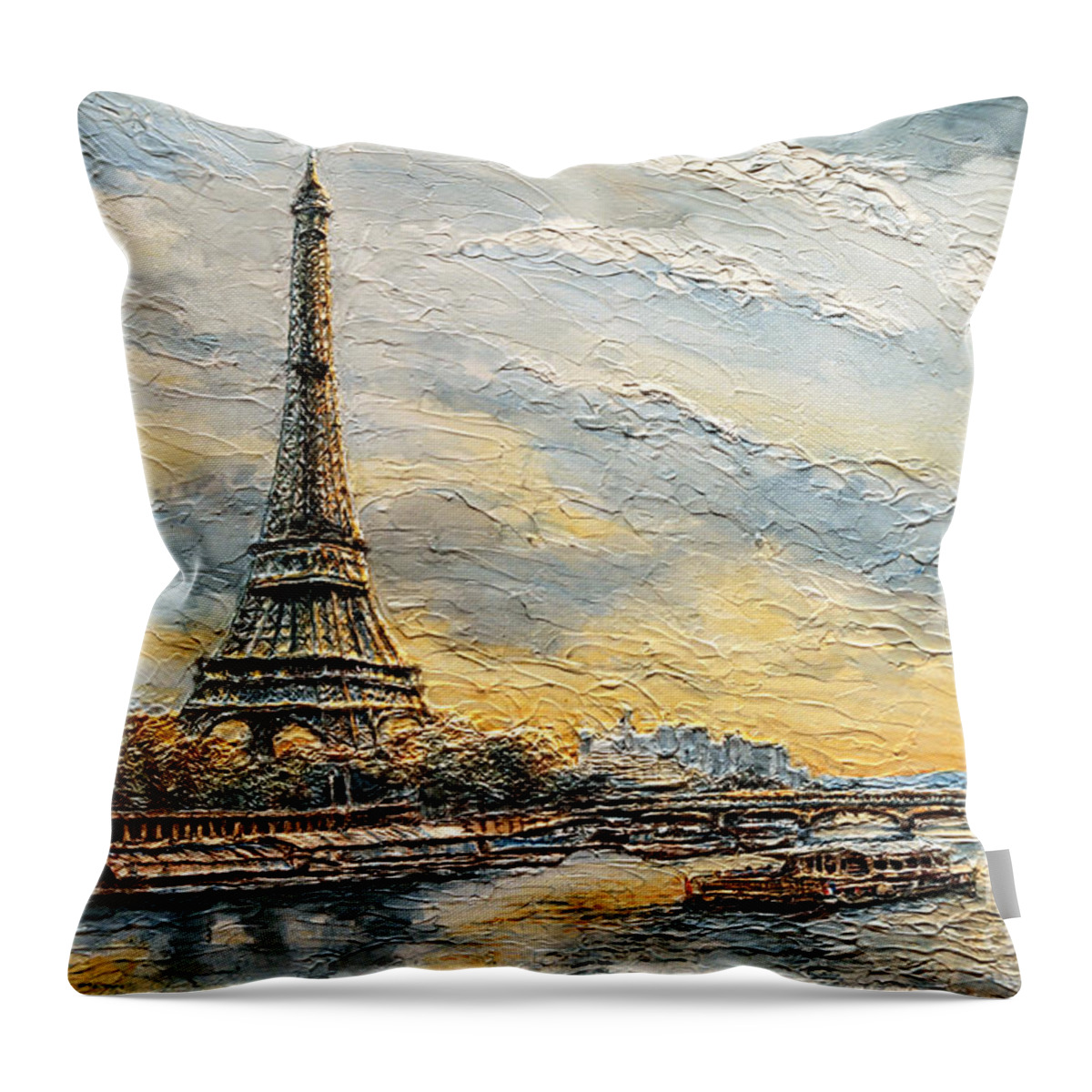 Eiffel Throw Pillow featuring the painting The Eiffel Tower- from the River Seine by Joey Agbayani