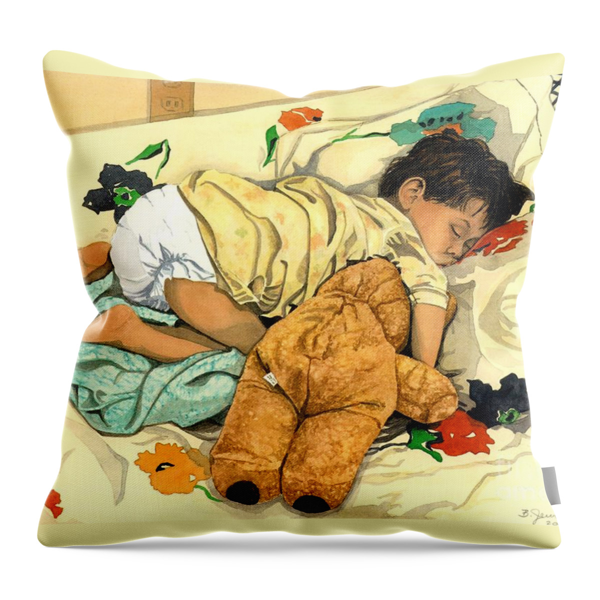 Child Throw Pillow featuring the painting The End - Andy and Bear-Bear by Barbara Jewell