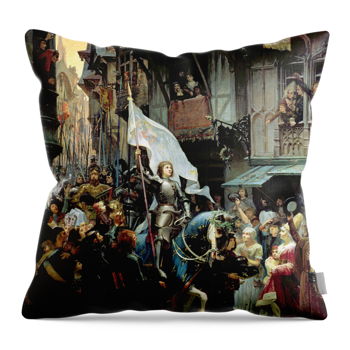 Joan Of Arc Throw Pillow featuring the painting The Entrance Of Joan Of Arc into Orleans by Jean-Jacques Scherrer