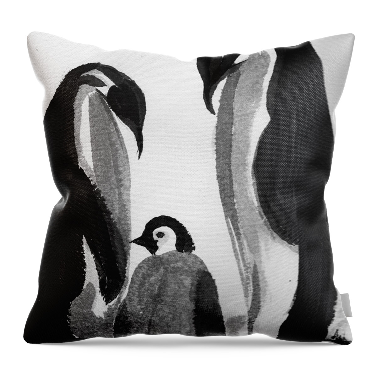 Sumi-e Throw Pillow featuring the painting Happy feet -The family of penguins by Asha Sudhaker Shenoy