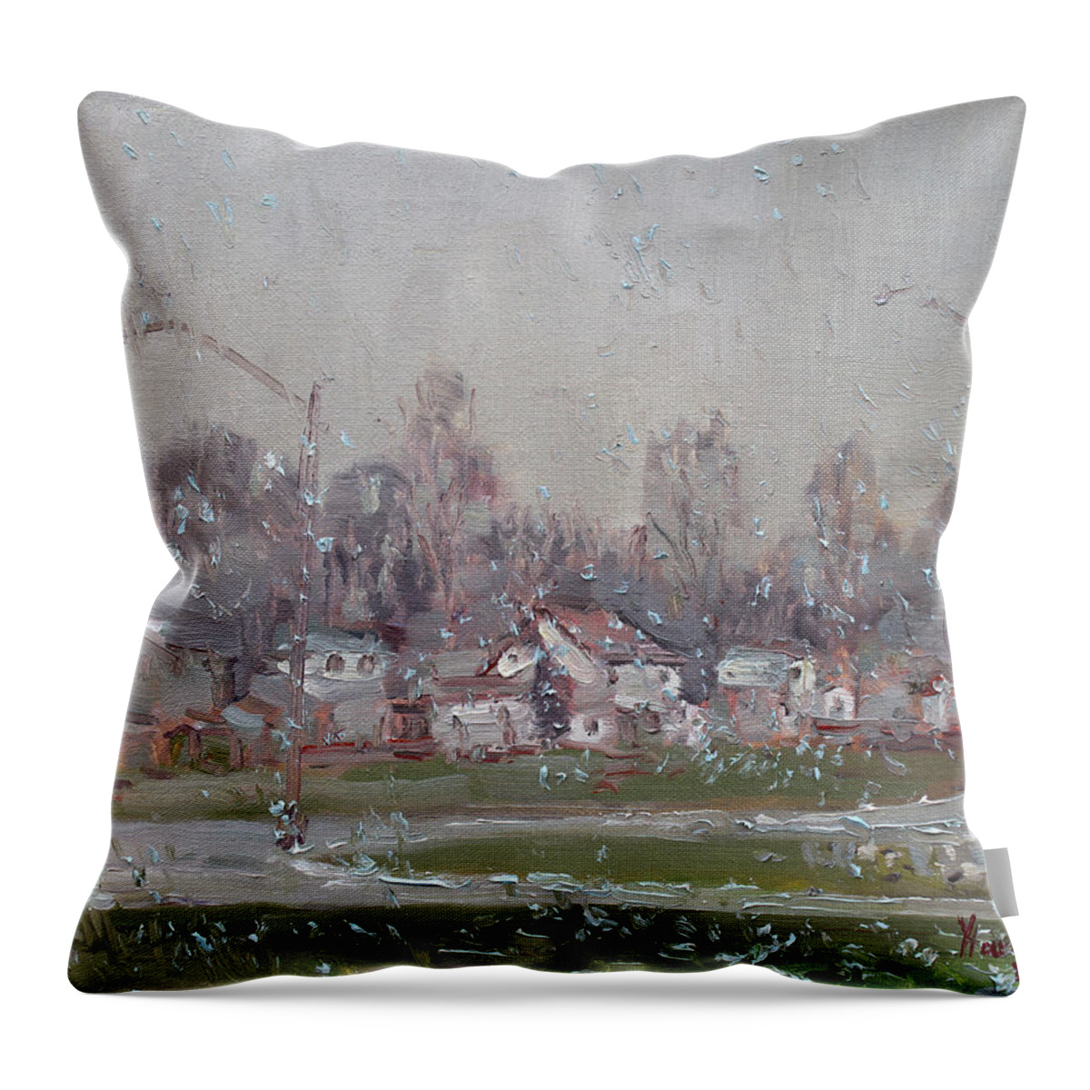 First Snowflakes Throw Pillow featuring the painting The First Snowflakes of the Season by Ylli Haruni