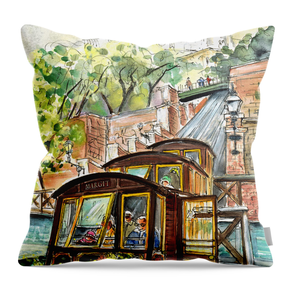 Travel Throw Pillow featuring the painting The Funicular From Budapest by Miki De Goodaboom