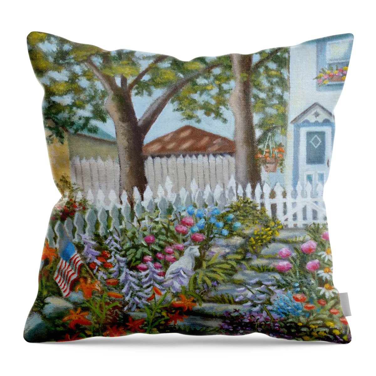 White Cat Throw Pillow featuring the painting The Garden Of Indiscrimitive Plantings. by Madeline Lovallo