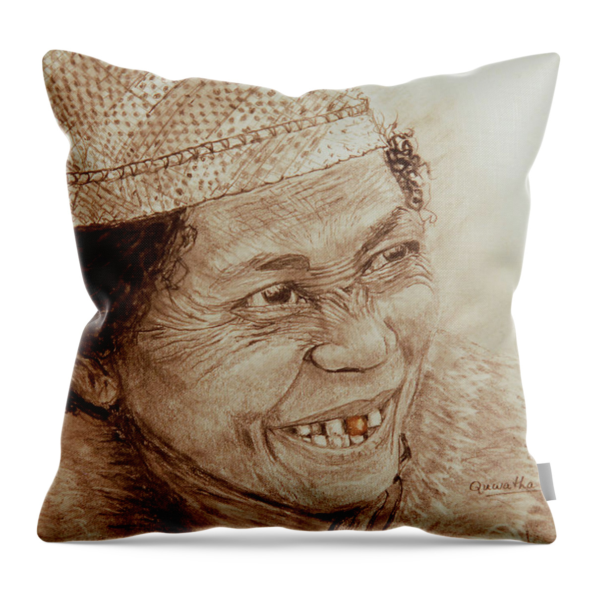African Throw Pillow featuring the drawing The Gold Tooth in Sepia by Quwatha Valentine