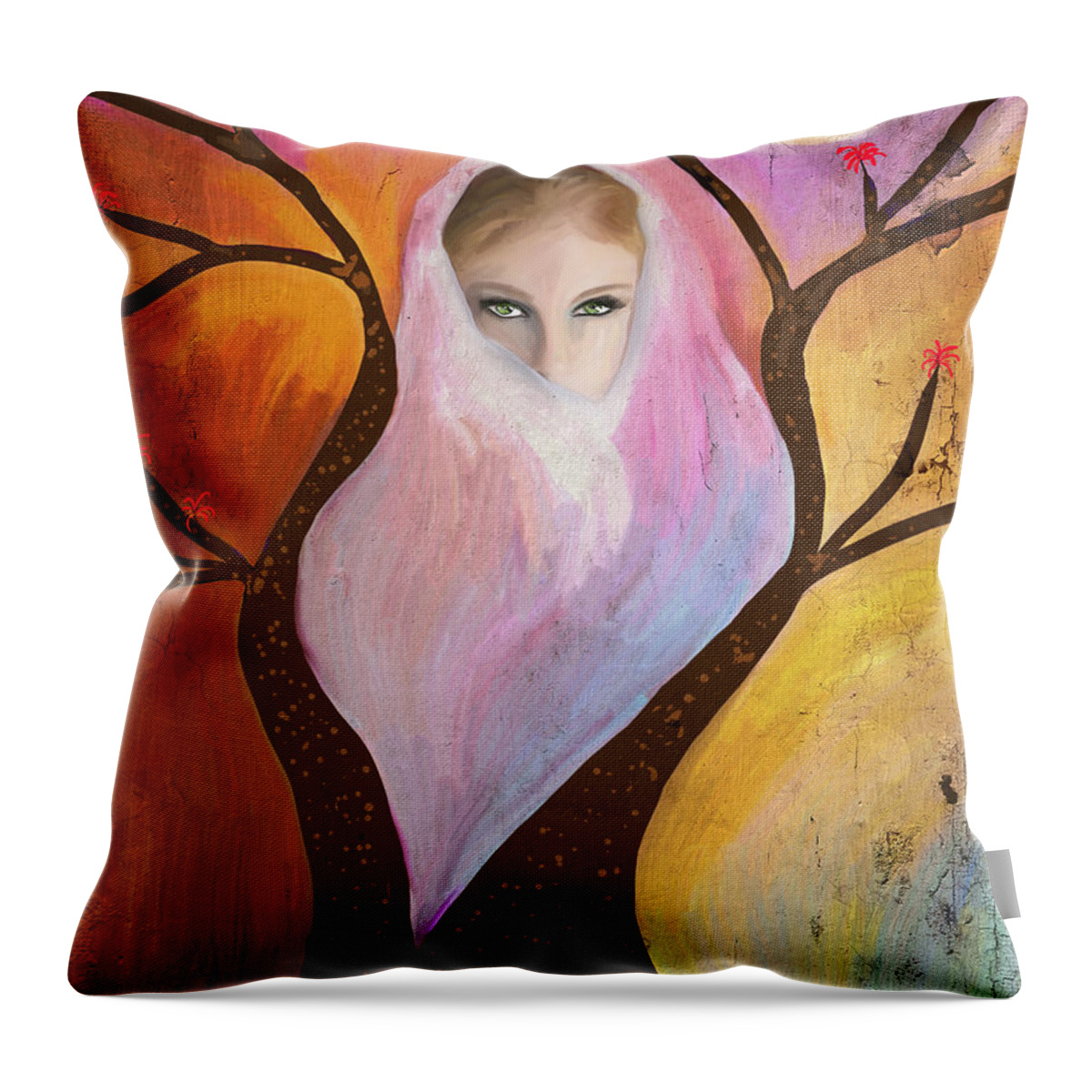 Coral Tree Throw Pillow featuring the painting The Green Eyes of the Coral Tree by Angela Stanton