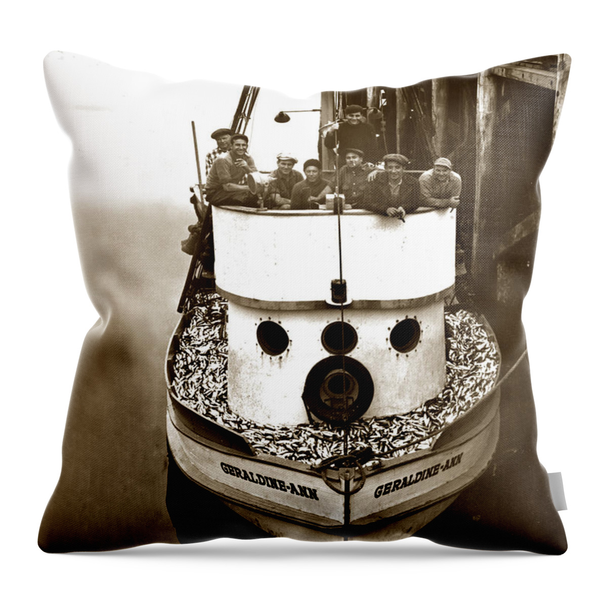  Crew Throw Pillow featuring the photograph The happy crew of the Fishing boat Geraldine- Ann Monterey California 1939 by Monterey County Historical Society
