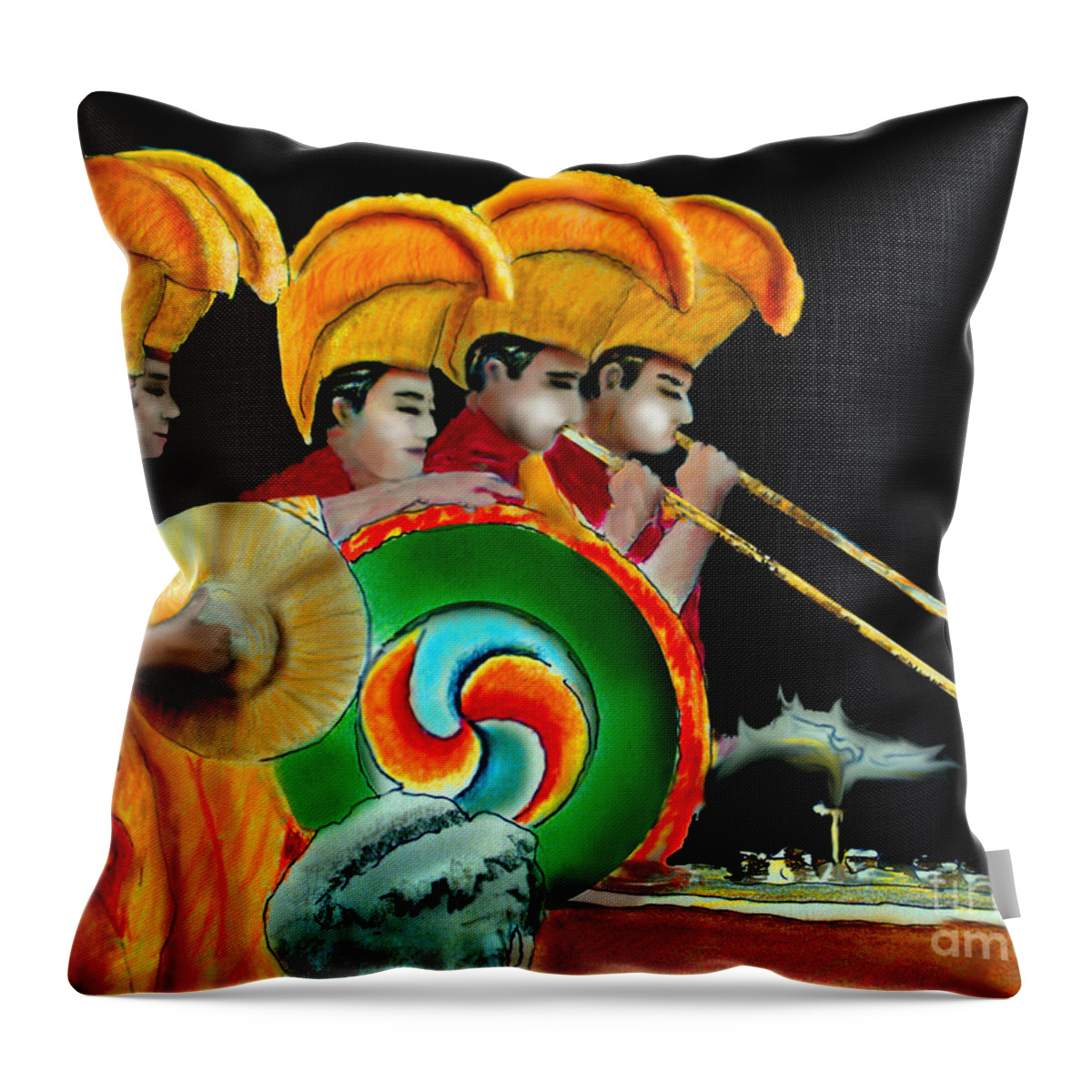 Tibetan Monks Throw Pillow featuring the painting The Healing Ceremony by Albert Puskaric