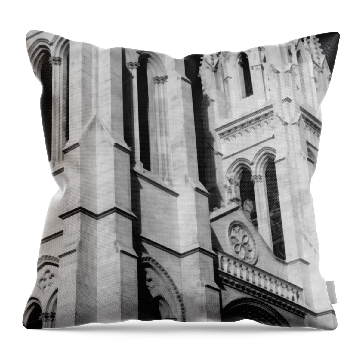 The Heights Of The Cathedral Basilica Of The Immaculate Conception Throw Pillow featuring the photograph The Heights Of The Cathedral Basilica of the Immaculate Conception BW by Angelina Tamez