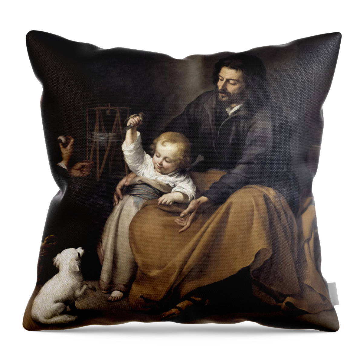 Bartolome Esteban Murillo Throw Pillow featuring the painting The Holy Family with a Little Bird by Bartolome Esteban Murillo