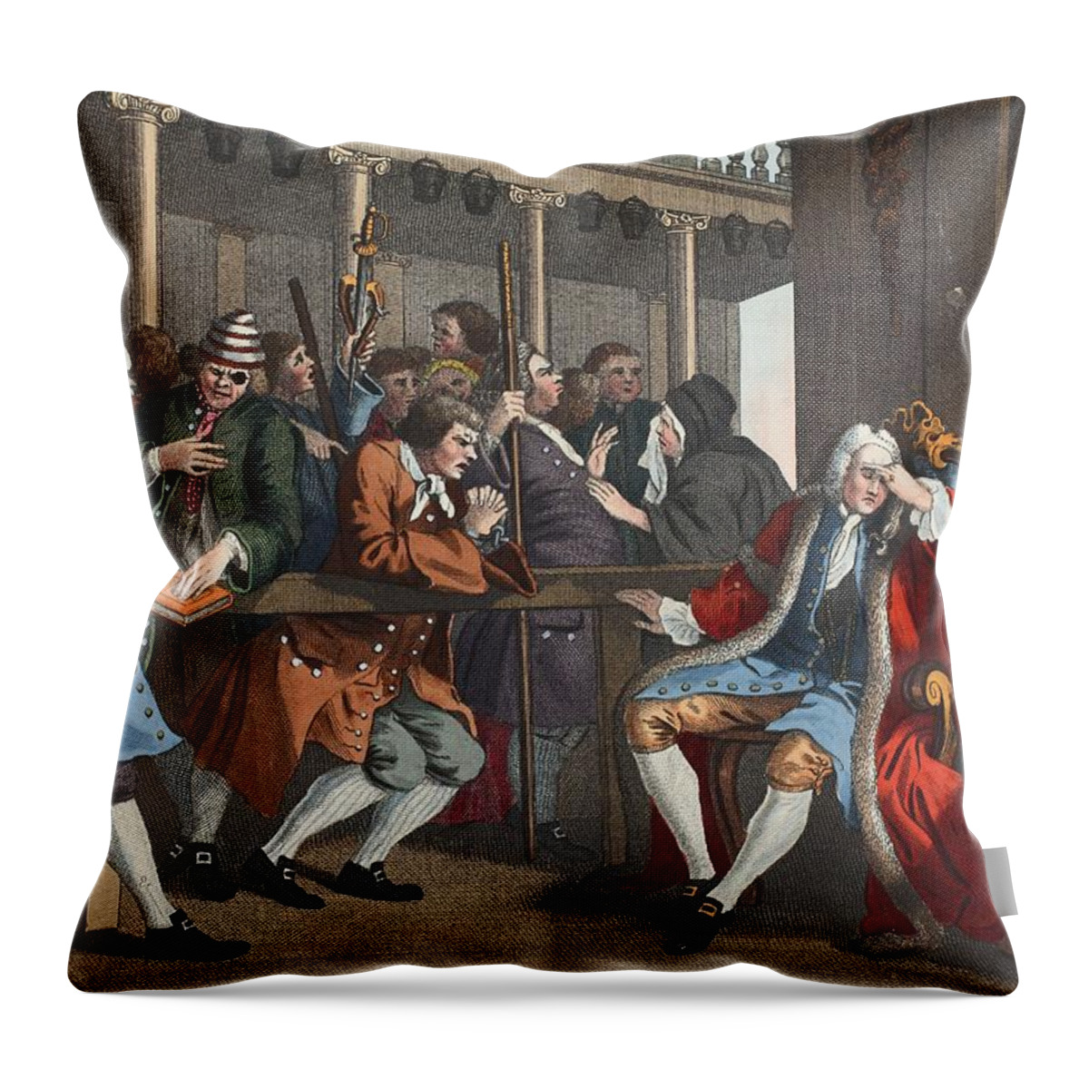 Courtroom Throw Pillow featuring the drawing The Industrious Prentice Alderman by William Hogarth