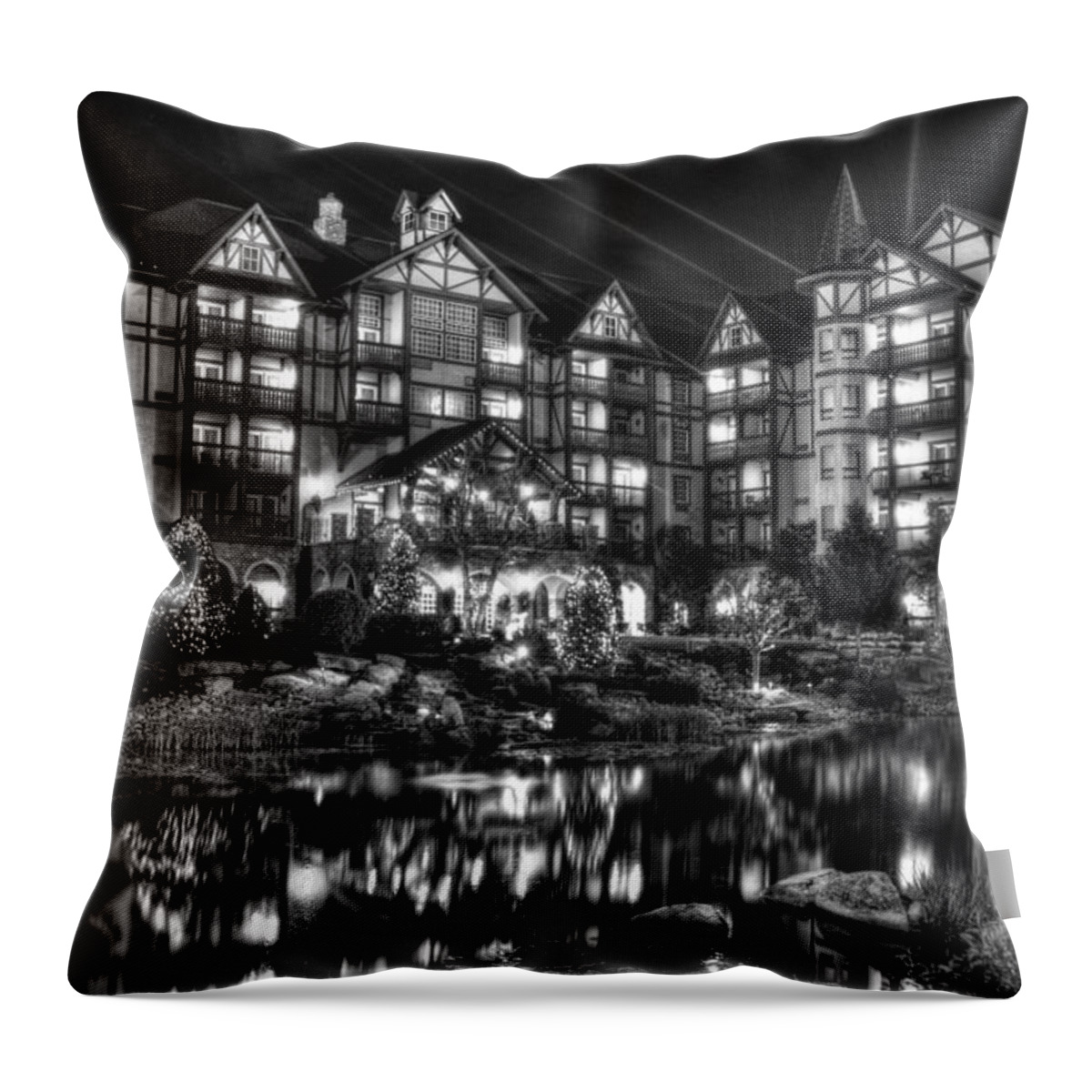 The Inn At Christmas Place Throw Pillow featuring the photograph The Inn at Christmas Place Night by Greg and Chrystal Mimbs