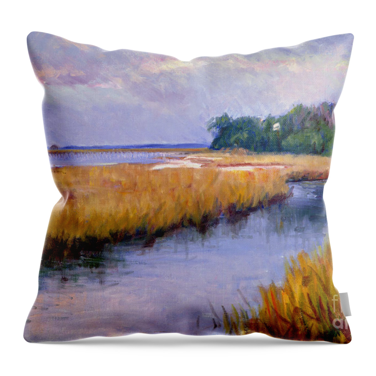 Marsh Throw Pillow featuring the painting The Landing at Dusk by Candace Lovely