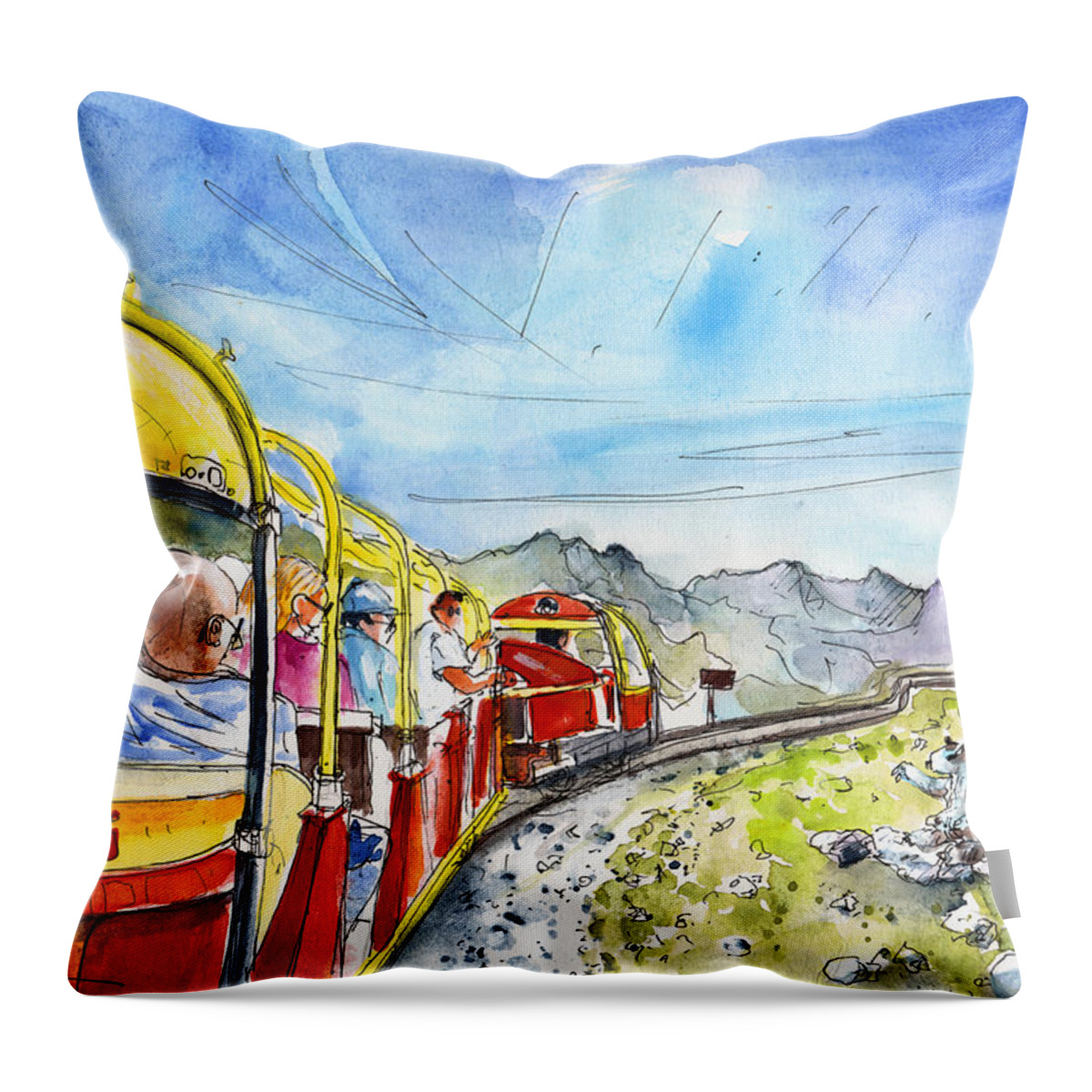 Travel Throw Pillow featuring the painting The Little Train of Artouste by Miki De Goodaboom