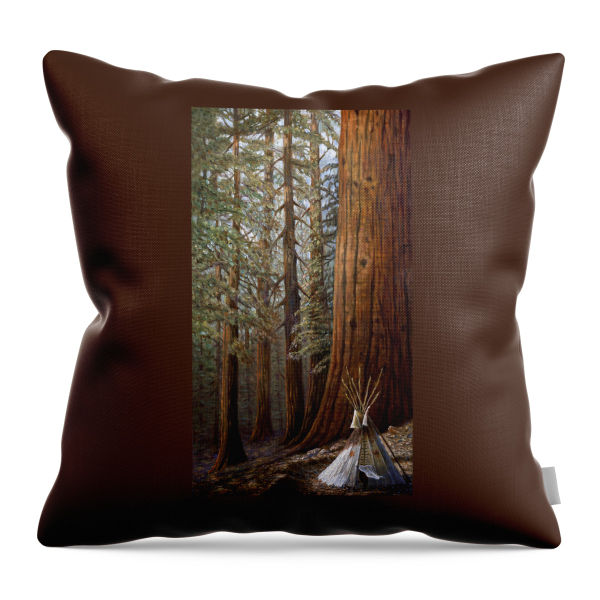 Redwood Throw Pillow featuring the painting The Lone Tee Pee Redwood by Gregory Perillo