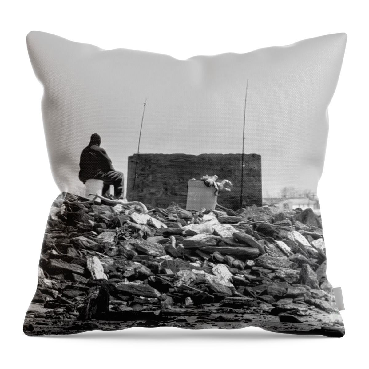 Dead Horse Bay Throw Pillow featuring the photograph The Lonely Fisherman by Rick Kuperberg Sr