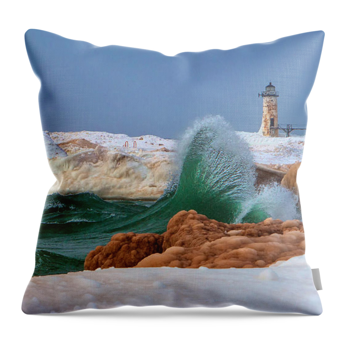 Manistee Photography Throw Pillow featuring the photograph The Mermaid Tail and the Manistee Lighthouse Landscape by Steve White