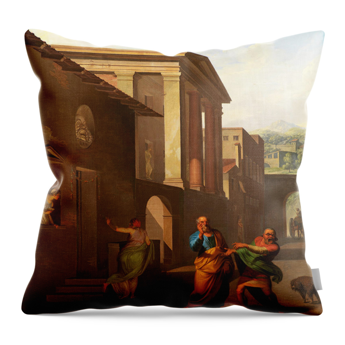 Nicolai Abraham Abildgaard Throw Pillow featuring the painting The Midwife Taking Leave of the girl from Andros. From Terence's Andria by Nicolai Abraham Abildgaard