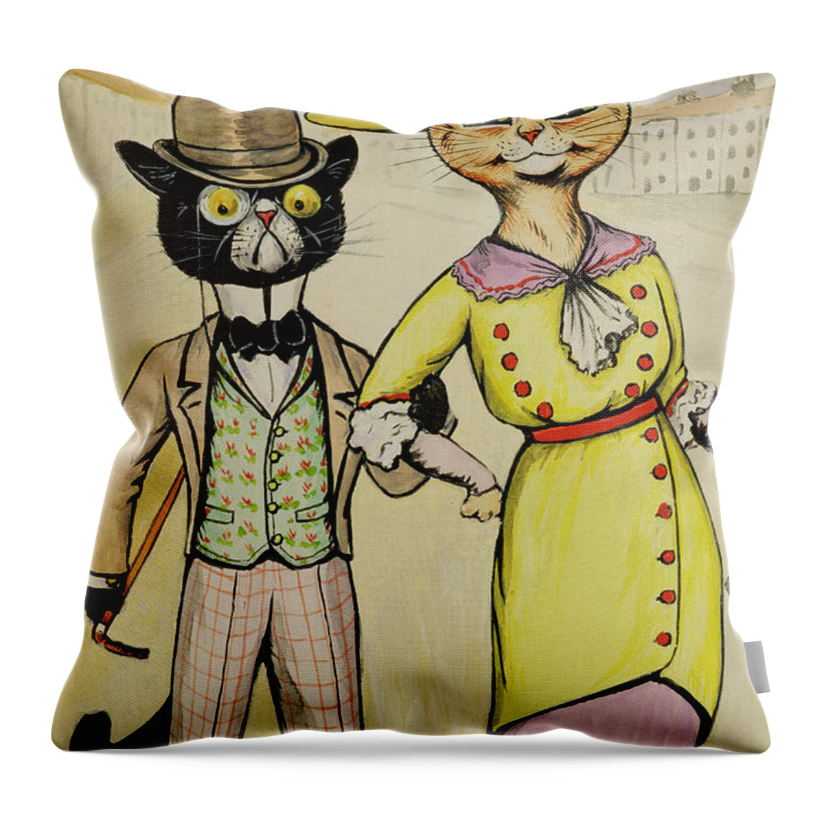 Cats Throw Pillow featuring the drawing The Modern Arry And Arriet by Louis Wain
