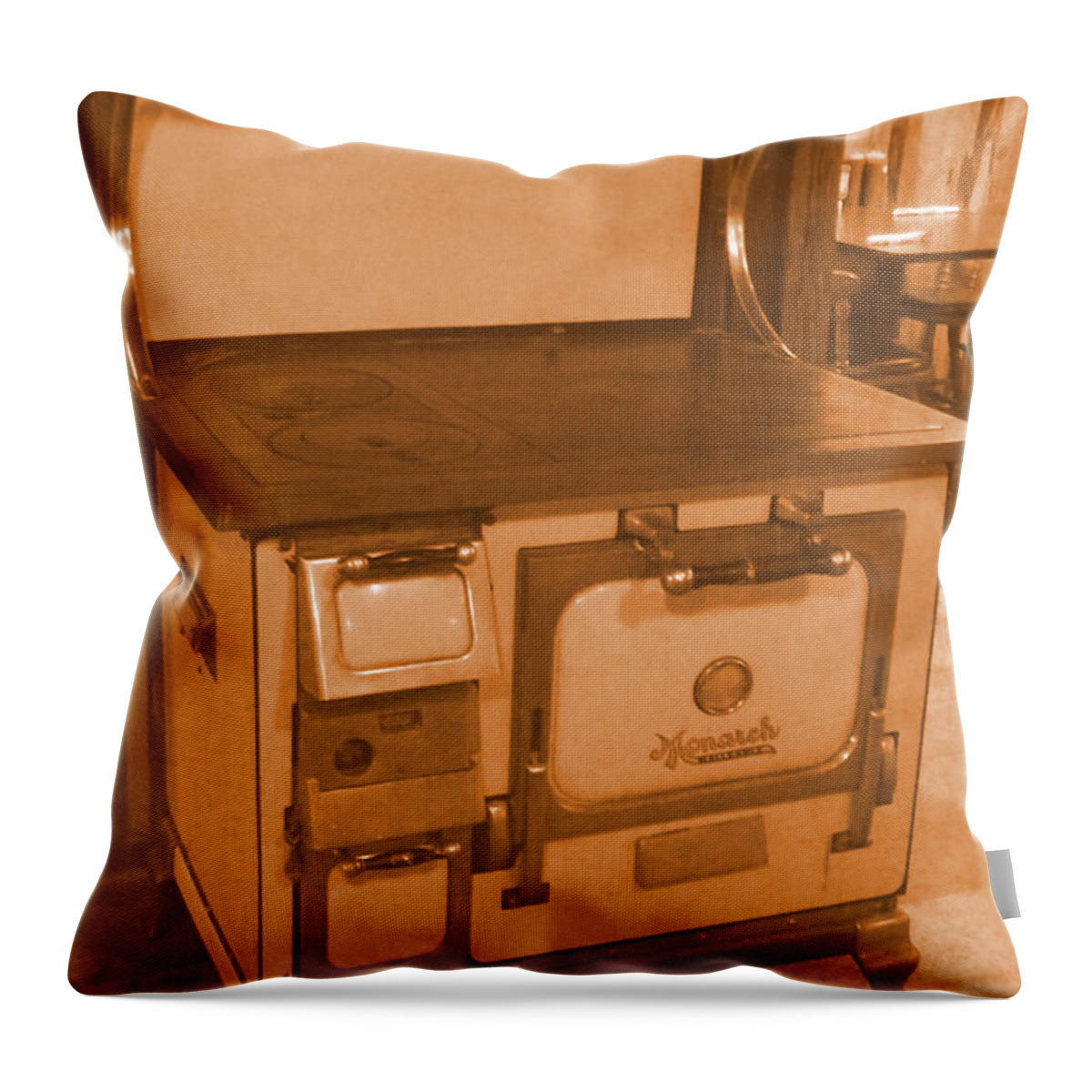 Cooking Throw Pillow featuring the photograph The Monarch Cook Stove in Sepia by Mike and Sharon Mathews