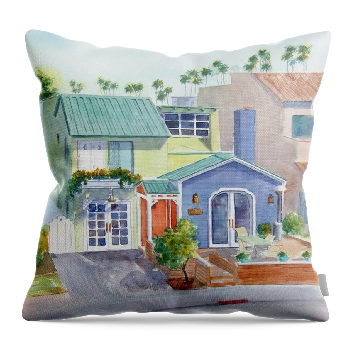 Belmont Shore Throw Pillow featuring the painting The Most Colorful Home in Belmont Shore by Debbie Lewis