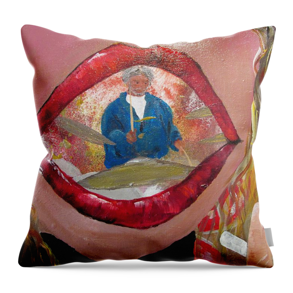 Drummer Throw Pillow featuring the painting The Mouths of Babes by Susan Voidets