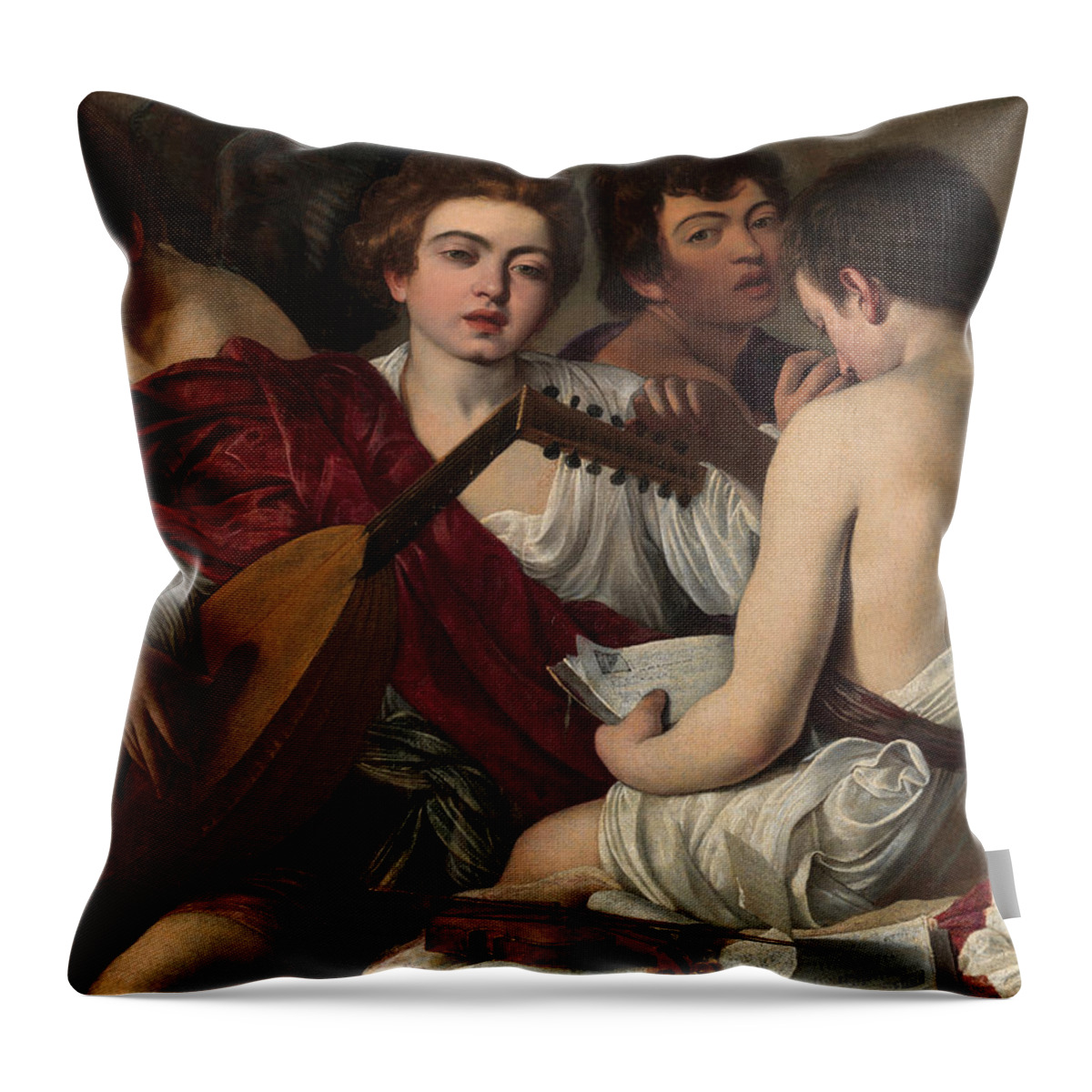 The Musicians Throw Pillow featuring the painting The Musicians by Caravaggio