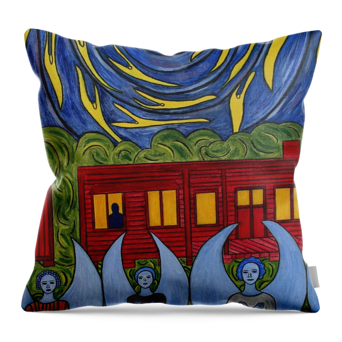 Angel Throw Pillow featuring the painting The Night Angels Came by Sandra Marie Adams