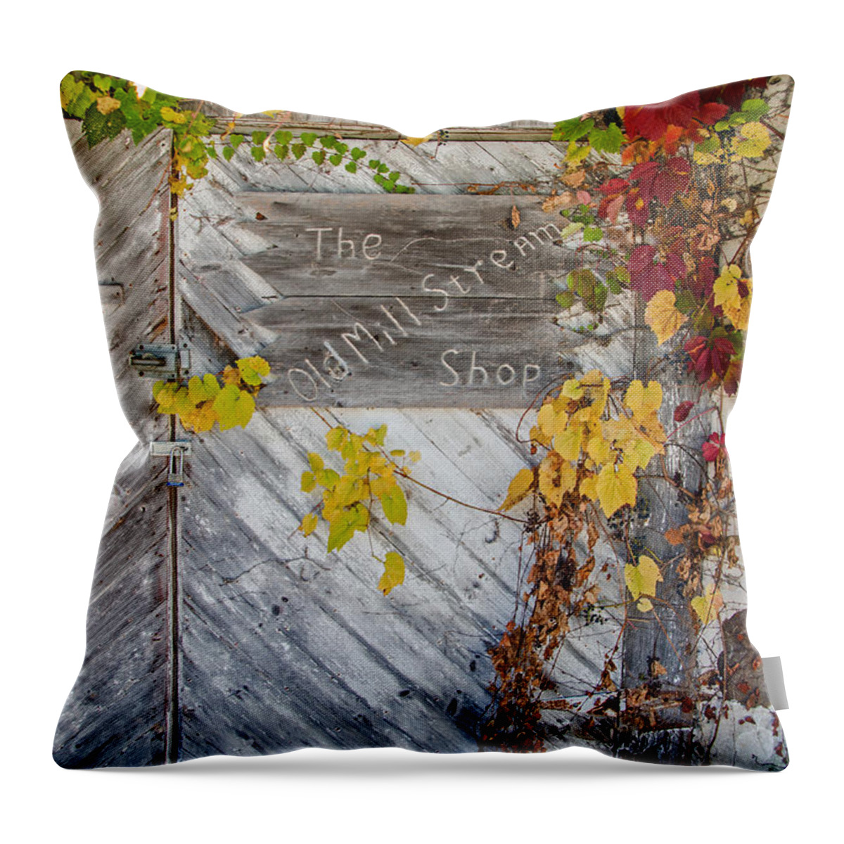 Mill Throw Pillow featuring the photograph The Old Mill Stream Shop by Susan McMenamin