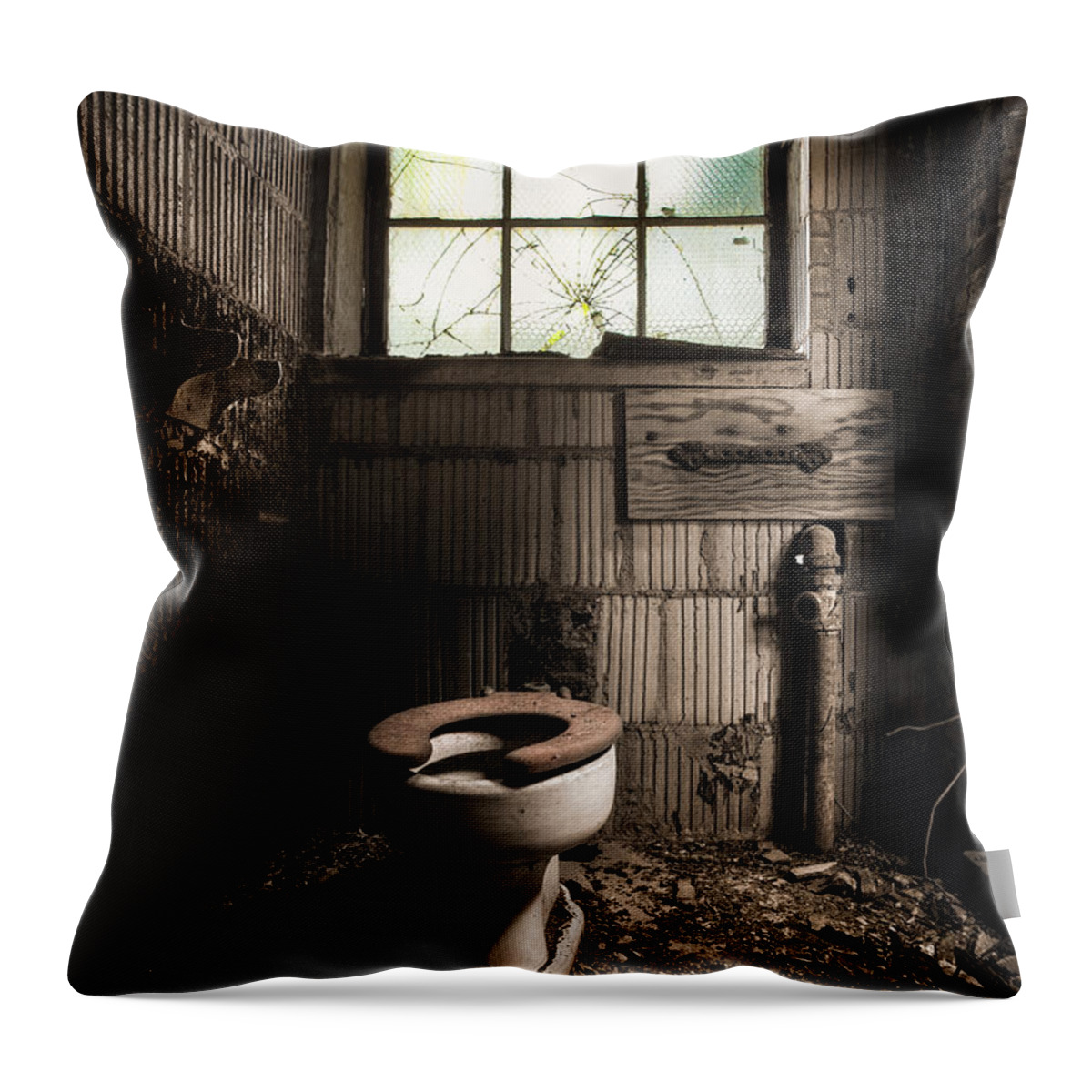 Toilets Throw Pillow featuring the photograph The Old Thinking Room - Abandoned Restroom And Toilet by Gary Heller