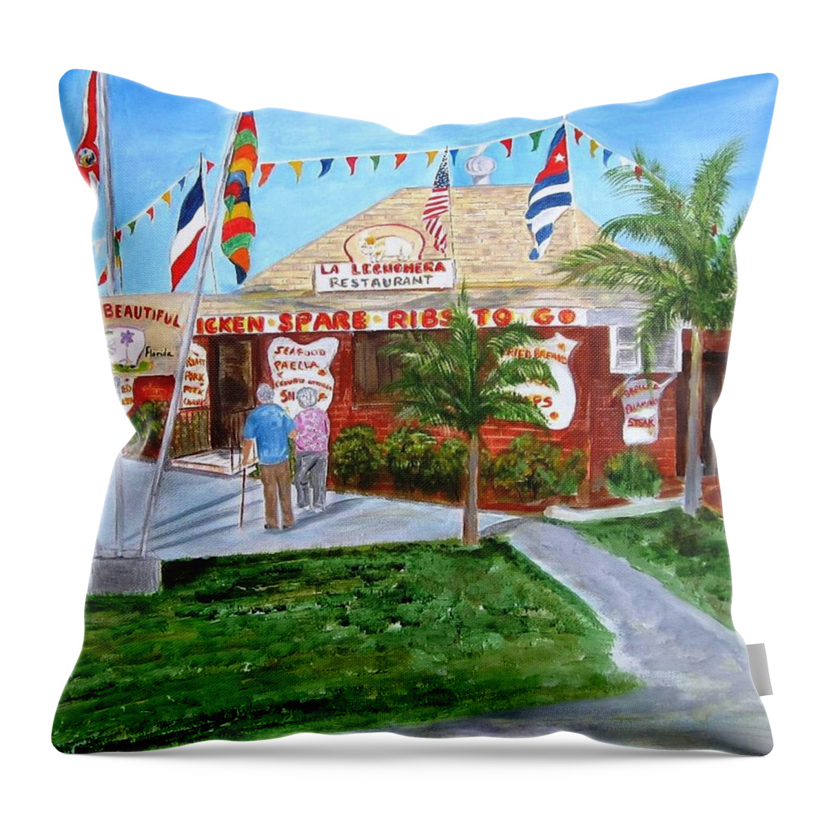 Key West Throw Pillow featuring the painting The Pig Restaurant by Linda Cabrera