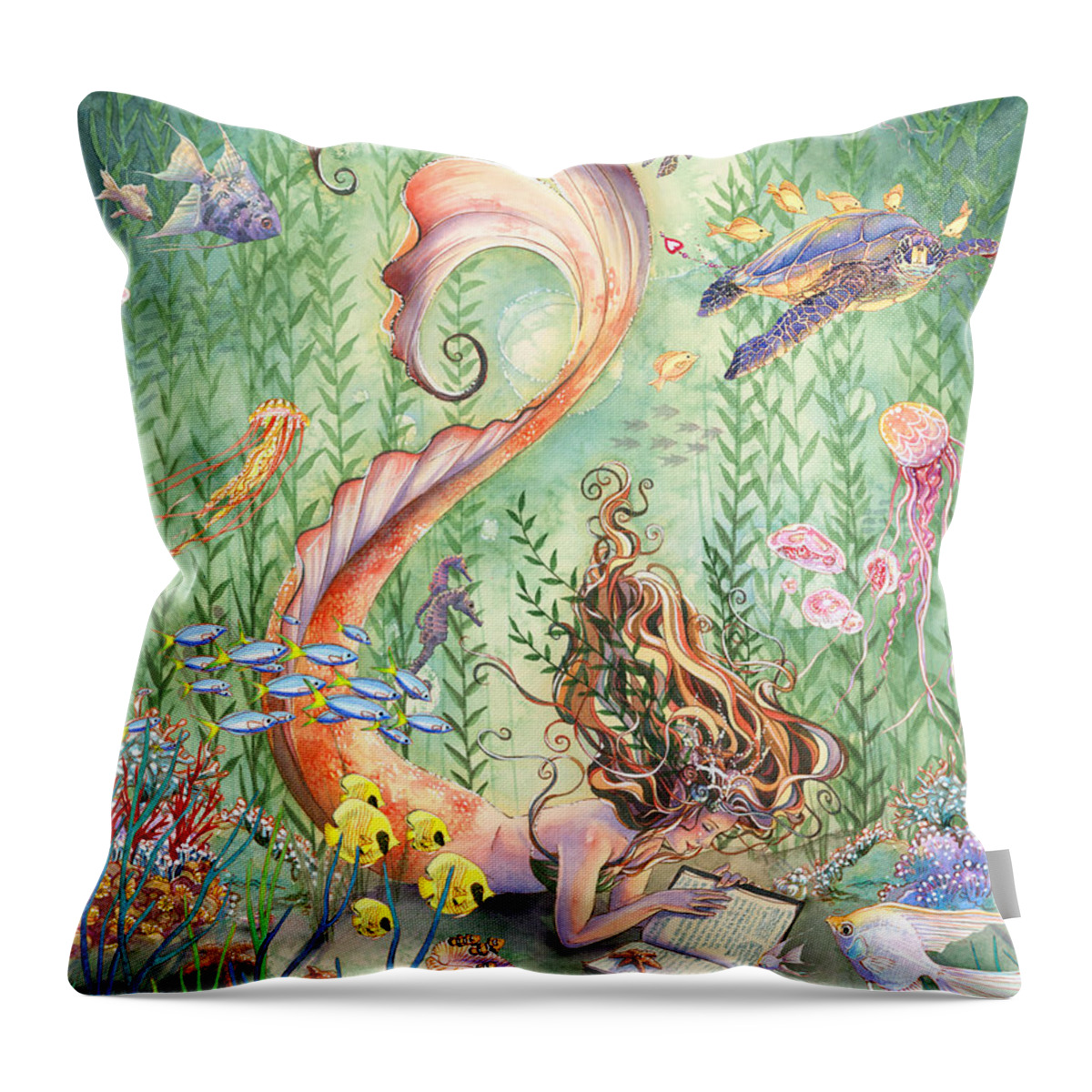 Mermaid Throw Pillow featuring the painting The Prayer by Sara Burrier