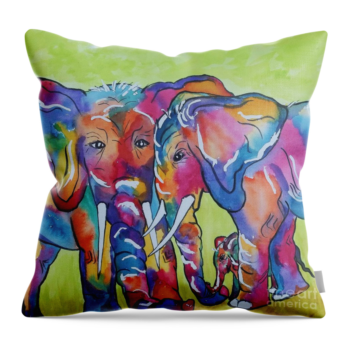 Elephants Throw Pillow featuring the painting The Protectors Square Format by Ellen Levinson