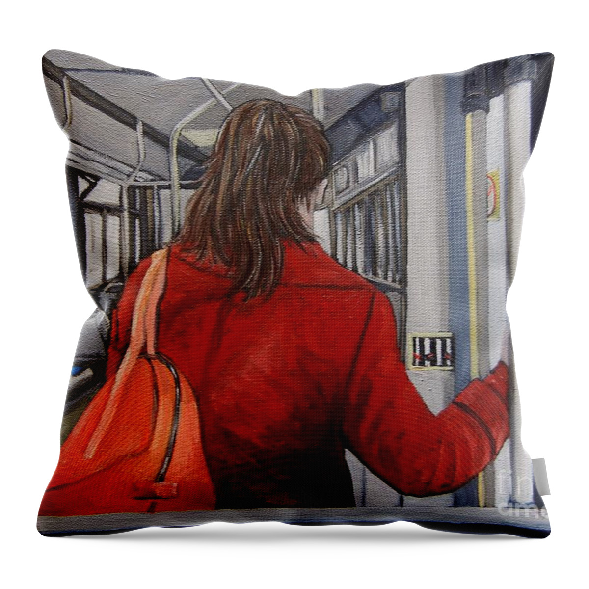 Bus Scenes Throw Pillow featuring the painting The Red Coat by Reb Frost