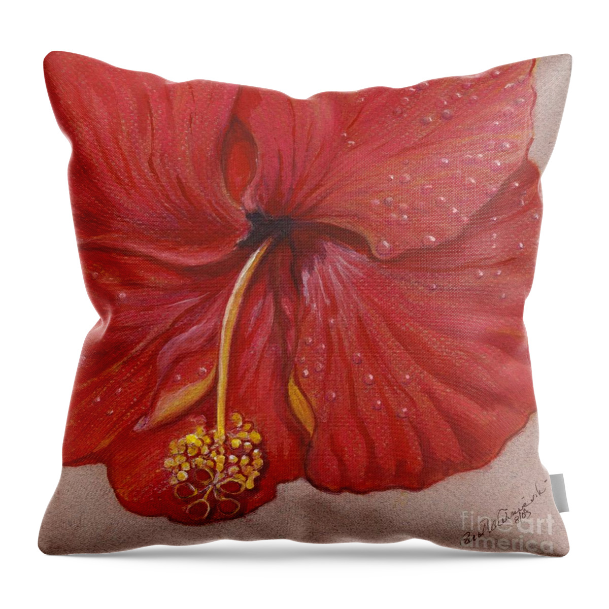 Hibiscus Throw Pillow featuring the painting The Red Hibiscus in Dew Time by Carol Wisniewski