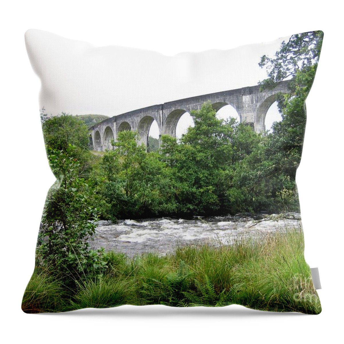 Scottish Highlands Throw Pillow featuring the photograph The River And The Viaduct by Denise Railey